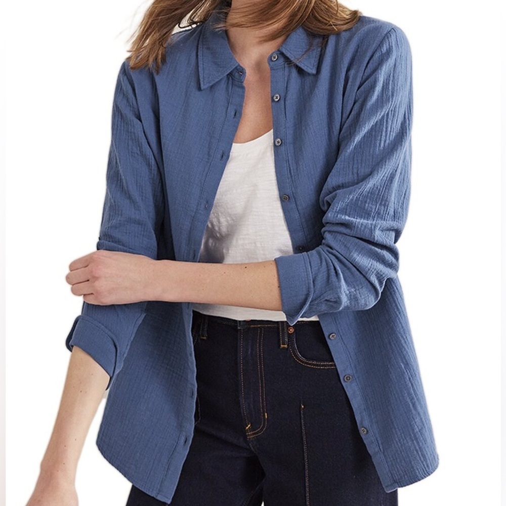 Boden Crinkle Gauze Cotton Button Down Boyfriend Shirt Blue Size 16/18